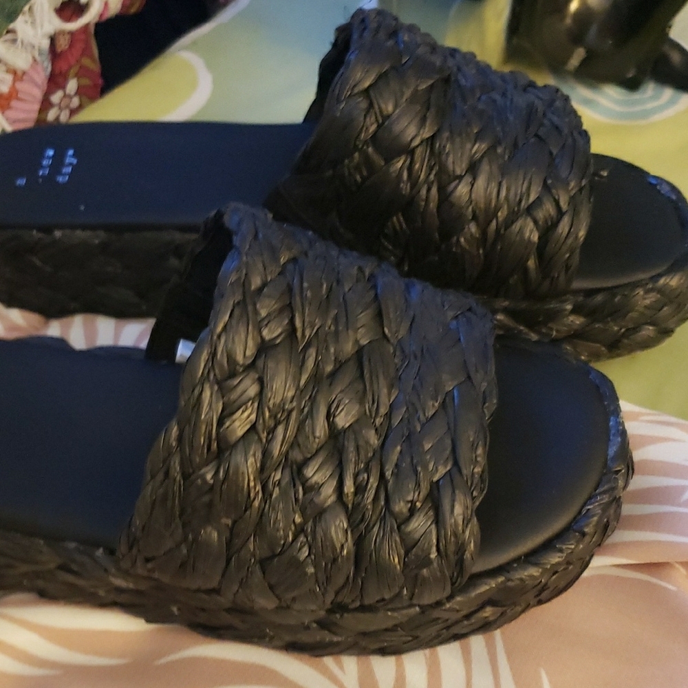 A New Day Black Platform Raffia Slides